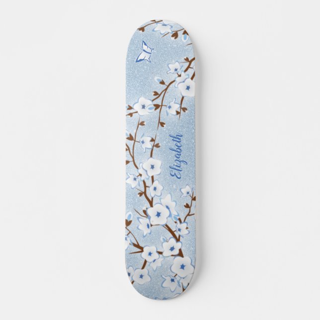 Cherry Blossom White Blue Glitter Floral Name  Skateboard (Front)