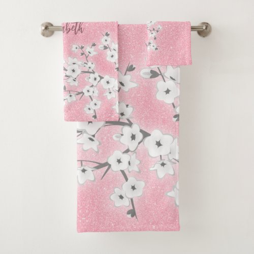 Cherry Blossom White Pink Glitter Monogram Bath Towel Set