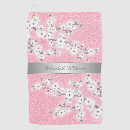 Cherry Blossom White  Pink Glitter Monogram Golf T Golf Towel