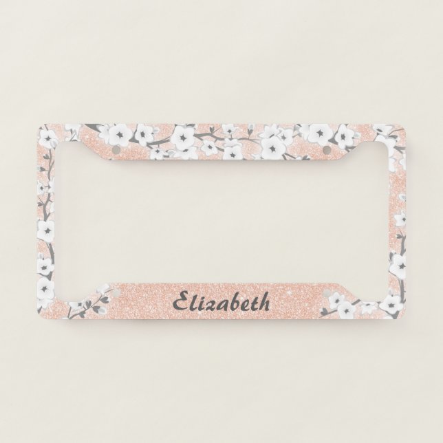 Cherry Blossom White Rose Gold Glitter Monogram License Plate Frame (Front)