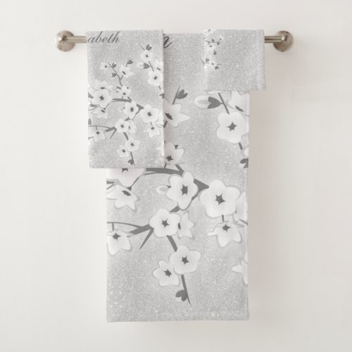 Cherry Blossom White Silver Glitter Monogram  Bath Towel Set