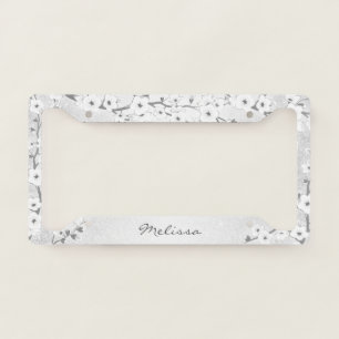 Cherry Blossom White Silver Glitter Monogram License Plate Frame