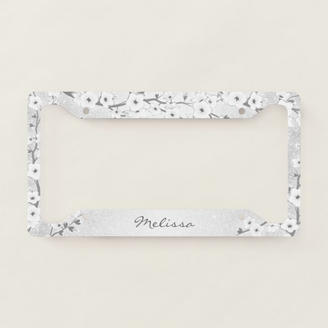 Cherry Blossom White Silver Glitter Monogram  License Plate Frame (Front)
