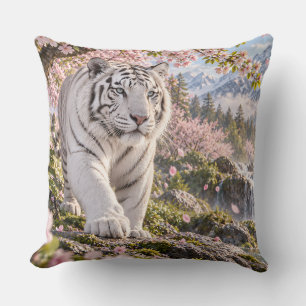 Cherry Blossom White Tiger Design Throw Pillow