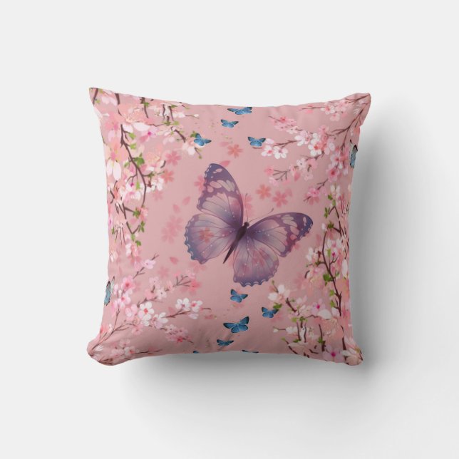 cherry blossom with butterflies throw pillow (Front)
