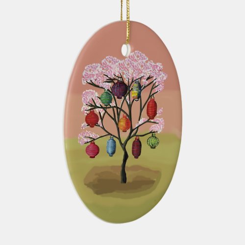 Cherry Blossom with oriental paper lanterns Ceramic Ornament