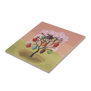 Cherry Blossom with oriental paper lanterns Ceramic Tile