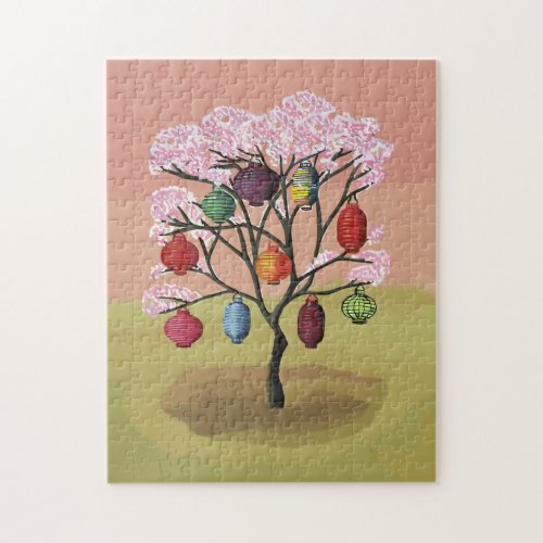 Cherry Blossom with oriental paper lanterns Jigsaw Puzzle