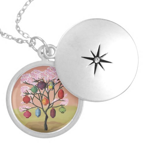 Cherry Blossom with oriental paper lanterns Locket Necklace