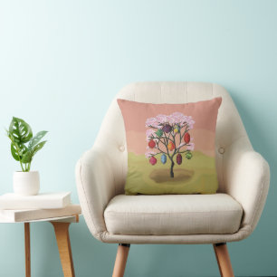 Cherry Blossom with oriental paper lanterns Throw Pillow