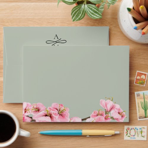 Cherry blossom with sage return address envelope