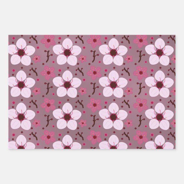 Cherry Blossom Wrapping Paper Flat Sheet Set of 3 (Front)