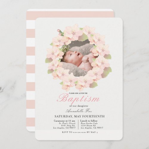 Cherry Blossom Wreath Floral Girl Photo Baptism Invitation