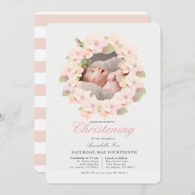 Cherry Blossom Wreath Floral Photo Christening Invitation (Front/Back)