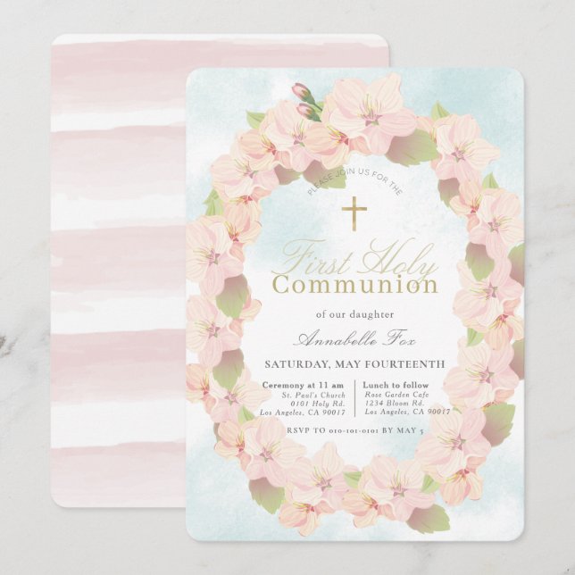Cherry Blossom Wreath Girl First Holy Communion Invitation (Front/Back)