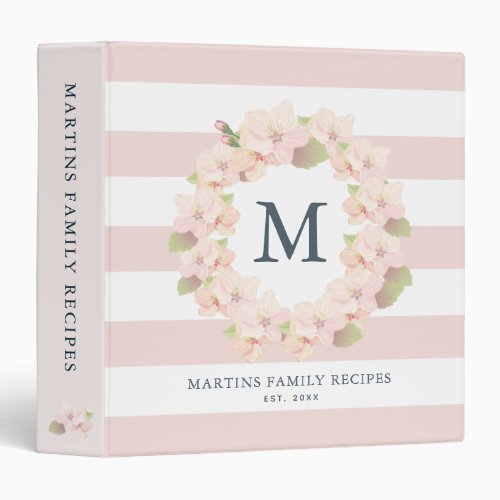 Cherry Blossom Wreath Monogram Family Recipe 3 Ring Binder