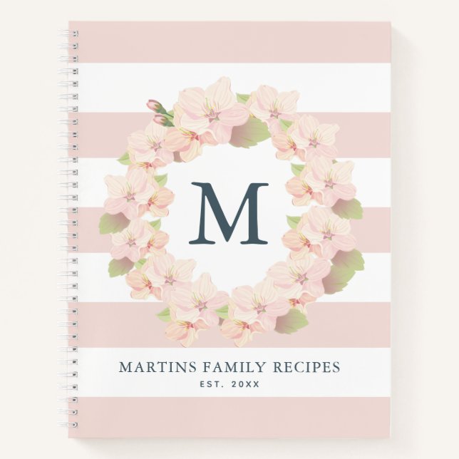 Cherry Blossom Wreath Monogram Family Recipe Notebook (Front)
