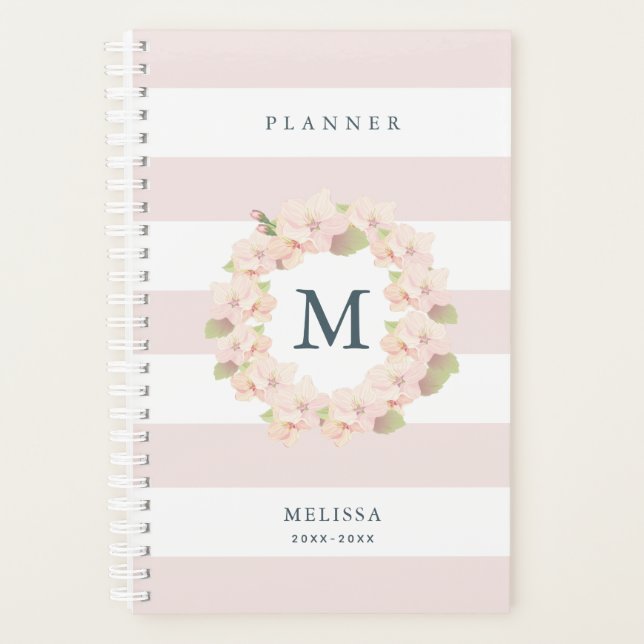 Cherry Blossom Wreath Monogram Pink Stripe Planner (Front)