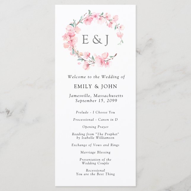 Cherry Blossom Wreath Monogram Wedding Program (Front)