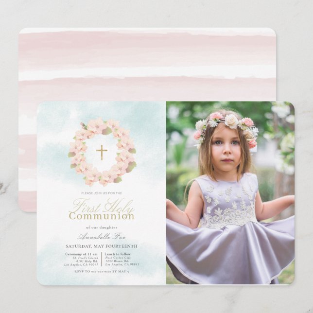 Cherry Blossom Wreath Photo First Holy Communion Invitation (Front/Back)