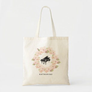 Cherry Blossom Wreath VIntage Black Piano Tote Bag
