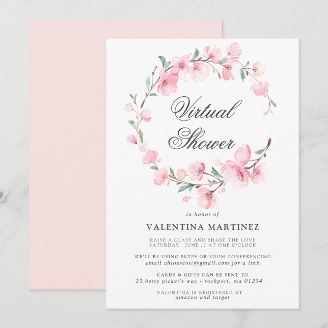 Cherry Blossom Wreath Virtual Bridal Baby Shower Invitation (Front/Back)