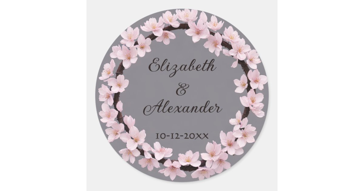 Cherry Blossom Wreath with Names and Wedding Date Classic Round Sticker ...