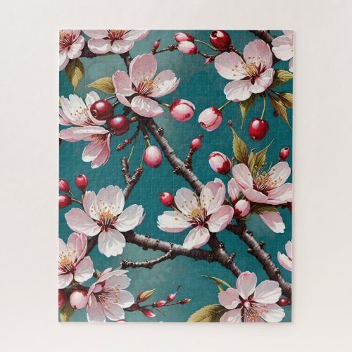 Cherry Blossoms Against a Moody Sky Background Jigsaw Puzzle