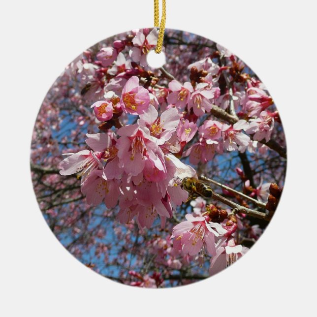 Cherry Blossoms and Bee Pink Spring Flowers Ceramic Ornament (Front)