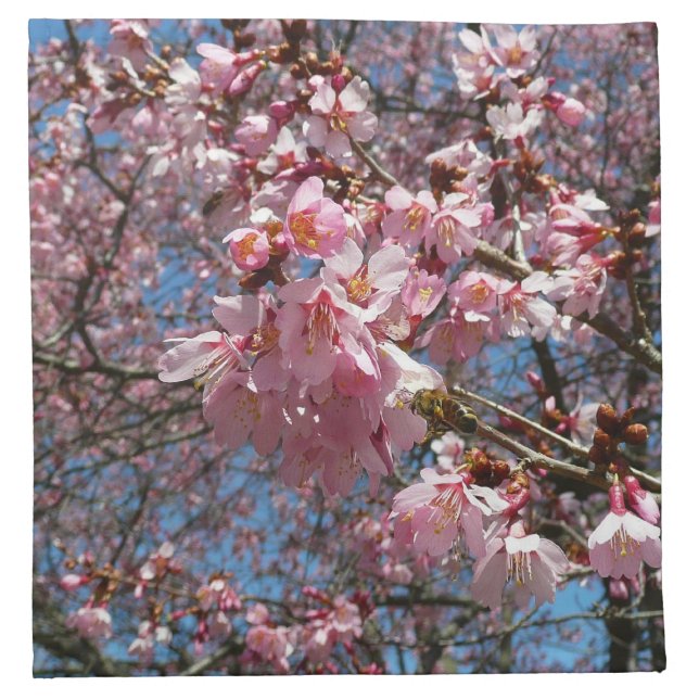 Cherry Blossoms and Bee Pink Spring Flowers Cloth Napkin (Front)