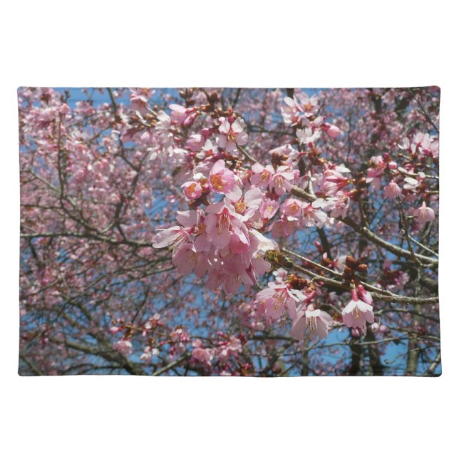 Cherry Blossoms and Bee Pink Spring Flowers Cloth Placemat (Front)