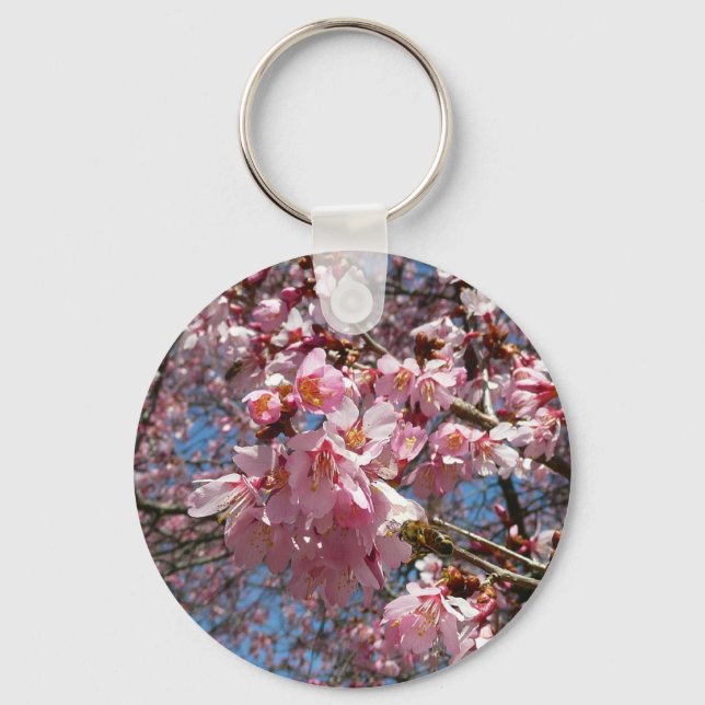Cherry Blossoms and Bee Pink Spring Flowers Keychain (Front)