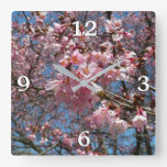 Cherry Blossoms and Bee Pink Spring Flowers Square Wall Clock