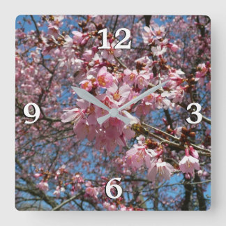 Cherry Blossoms and Bee Pink Spring Flowers Square Wall Clock