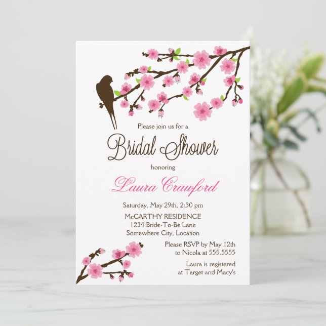 Cherry Blossoms and Bird Bridal Shower Invitation (Standing Front)