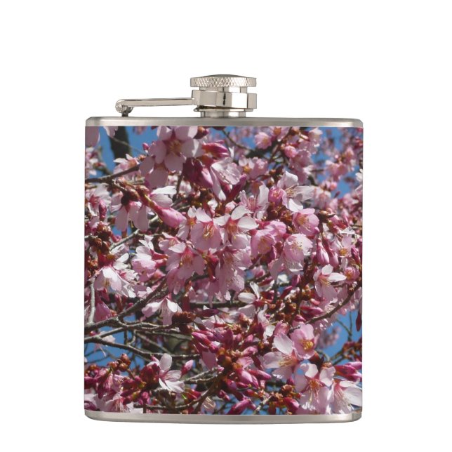 Cherry Blossoms and Blue Sky Spring Floral Flask (Front)