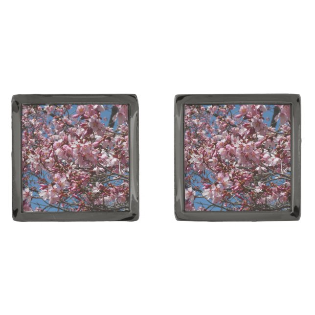 Cherry Blossoms and Blue Sky Spring Floral Gunmetal Finish Cufflinks (Front)