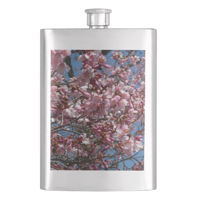 Cherry Blossoms and Blue Sky Spring Floral Hip Flask (Front)