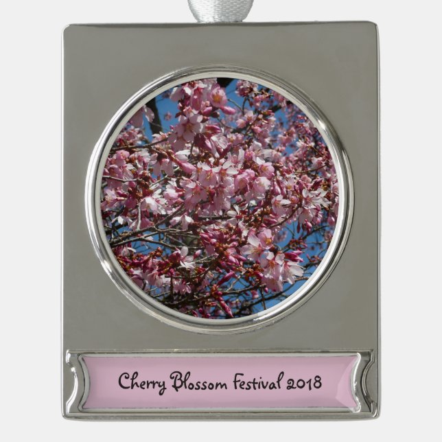 Cherry Blossoms and Blue Sky Spring Floral Silver Plated Banner Ornament (Front)