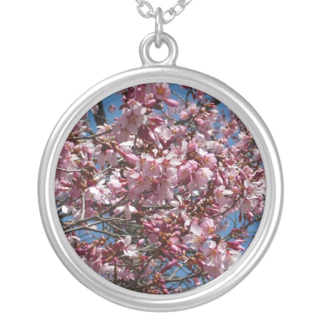 Cherry Blossoms and Blue Sky Spring Floral Silver Plated Necklace (Front)