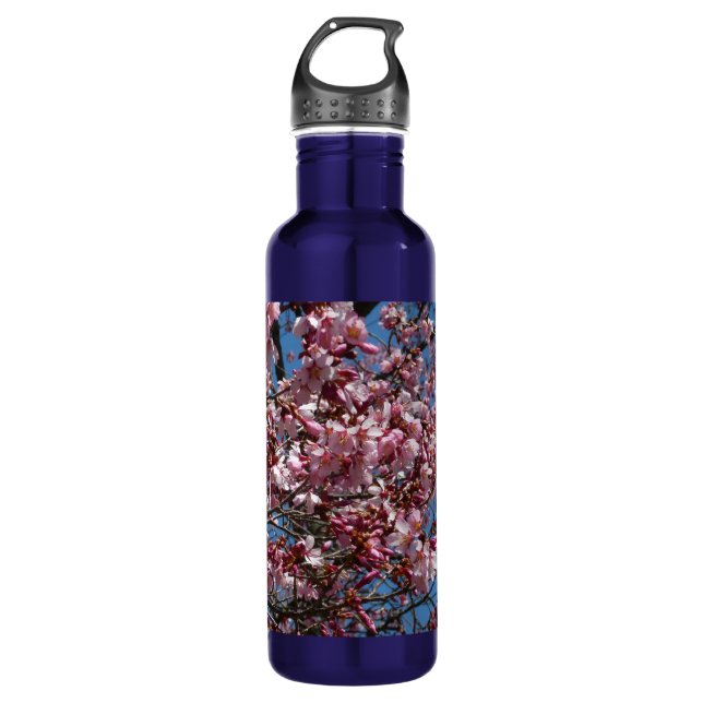 Cherry Blossoms and Blue Sky Spring Floral Water Bottle (Front)