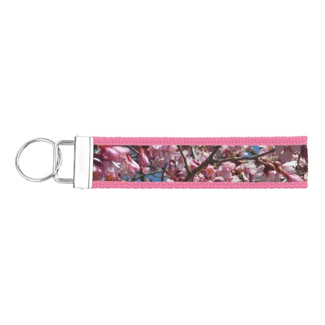 Cherry Blossoms and Blue Sky Spring Floral Wrist Keychain (Keys on Left)