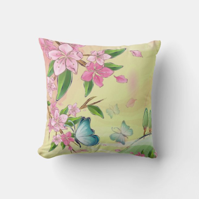 Cherry Blossoms and Butterflies American MoJo Throw Pillow (Front)