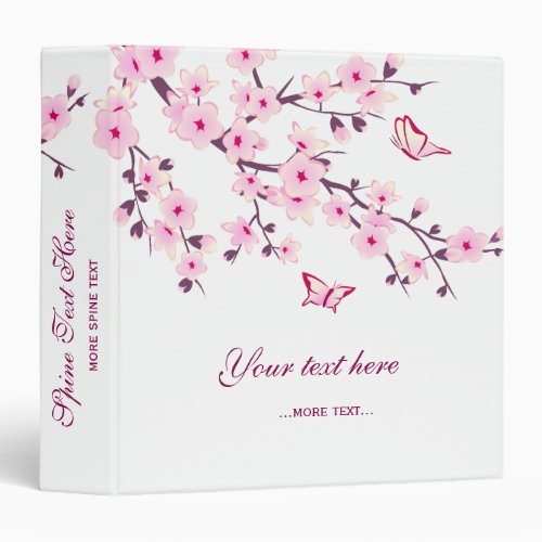 Cherry Blossoms and Butterflies Pink White Custom 3 Ring Binder