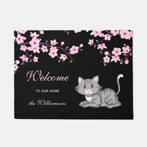 Cherry Blossoms And Cat Pink Black Welcome Doormat