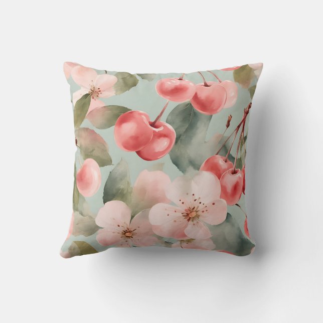 Cherry Blossoms and cherries Spring Art  Throw Pillow (Back)