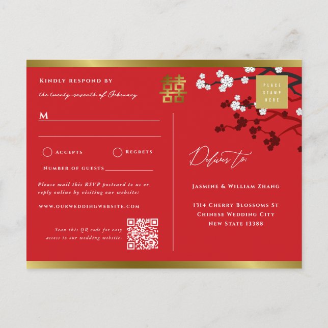 Cherry Blossoms And Double Xi Chinese Wedding RSVP Invitation Postcard (Back)