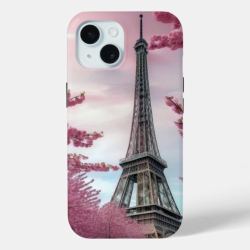 Cherry Blossoms and Eiffel Towel iPhone 15 Case