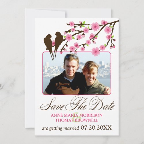 Cherry Blossoms and Love Birds Photo Save The Date Invites