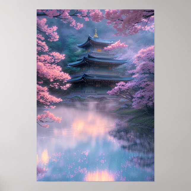 Cherry Blossoms and Misty Temple Poster (Front)